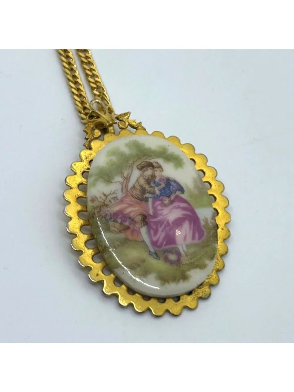 Vintage Cameo Pendant Necklace Porcelain French Courting Couple Victorian Style